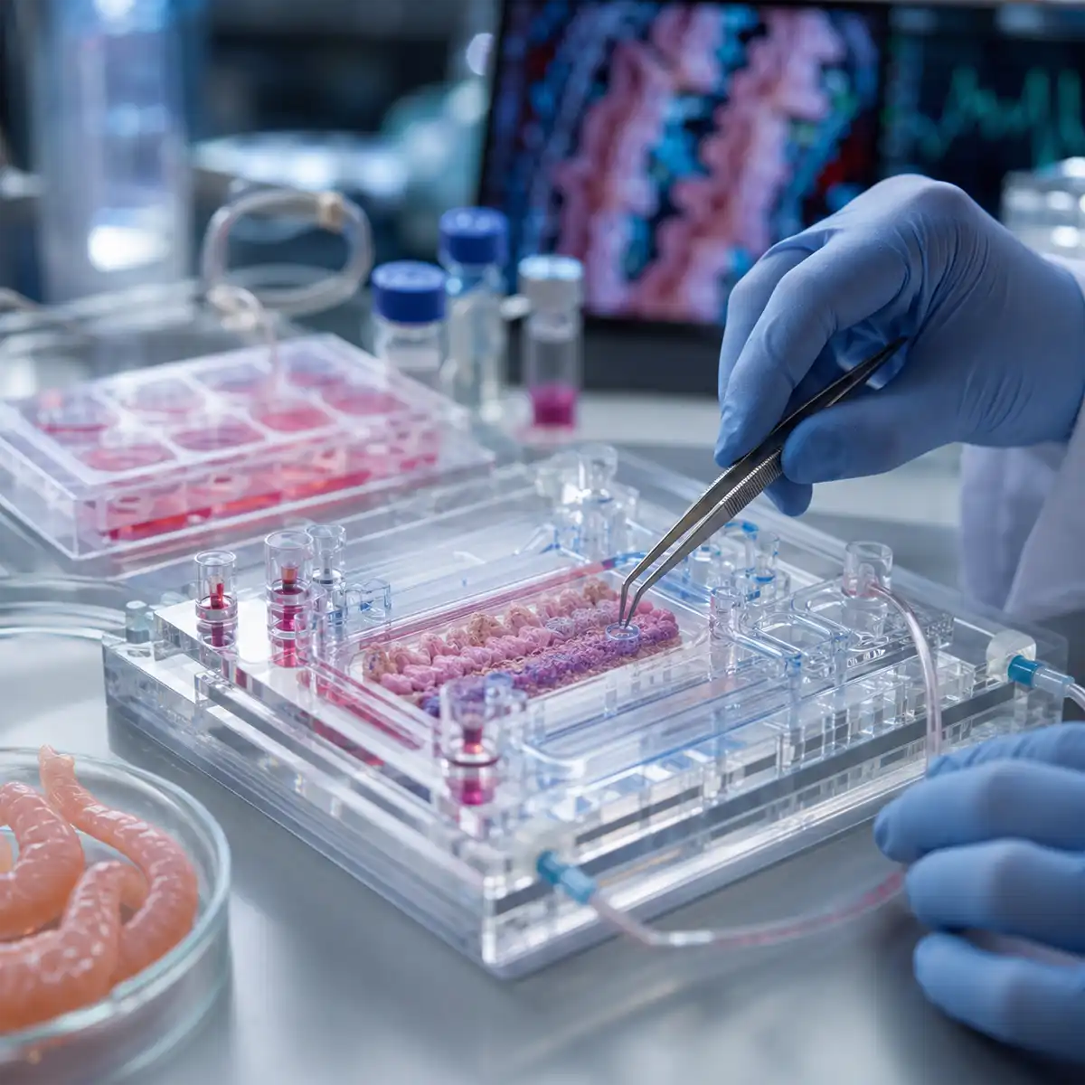 Gut Simulation Technology Advanced microbiome on chip technology demonstrating human gut simulation for pharmaceutical development