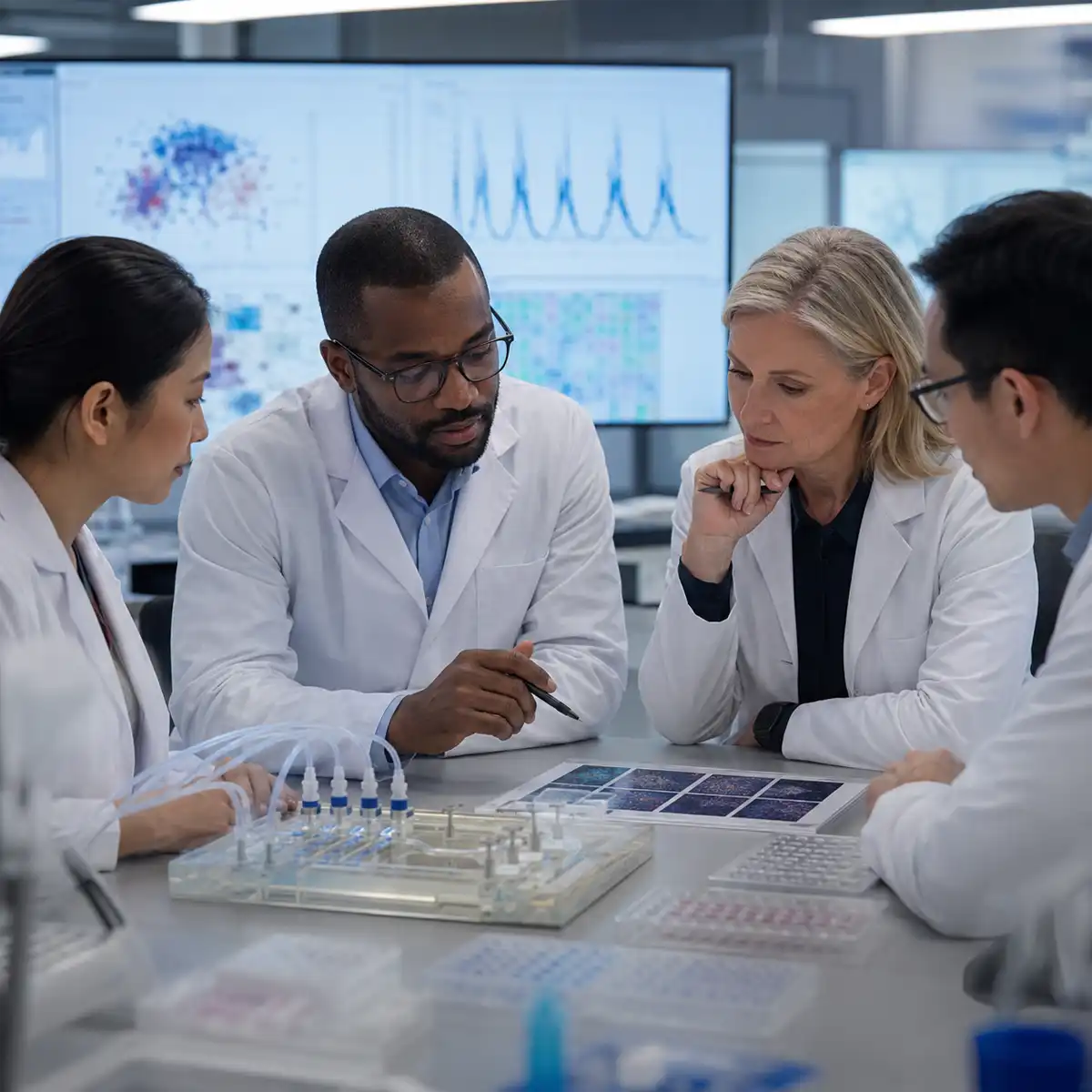 Microfluidic Drug Testing Platform Microbiome on chip laboratory setup showing microfluidic device with controlled oxygen gradients for drug testing