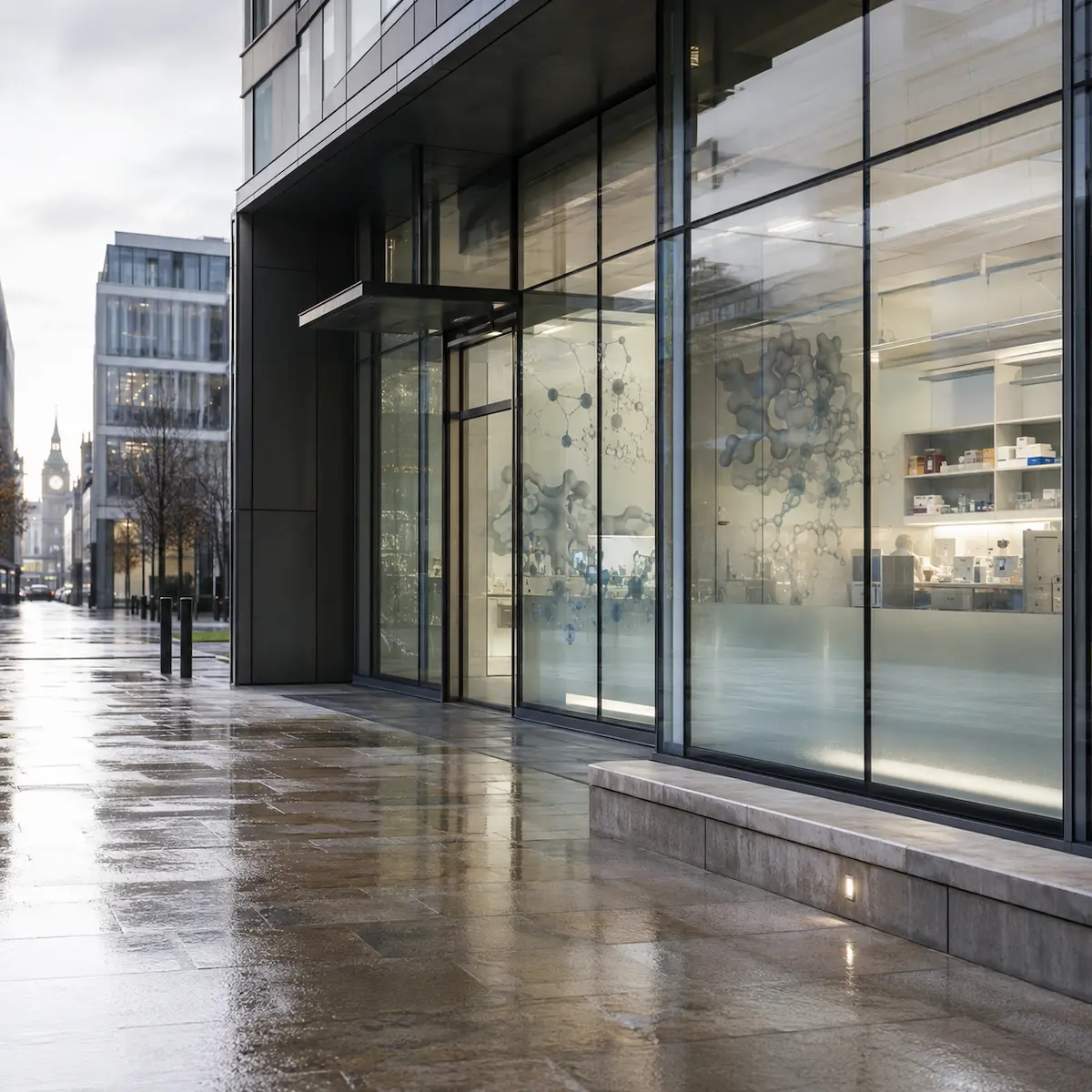 London Biotech AI Drug Pipeline Review Clinical research team reviewing AI-guided drug discovery pipeline results showing improved lead optimisation timelines and Phase 1 success rates in a London biotech facility