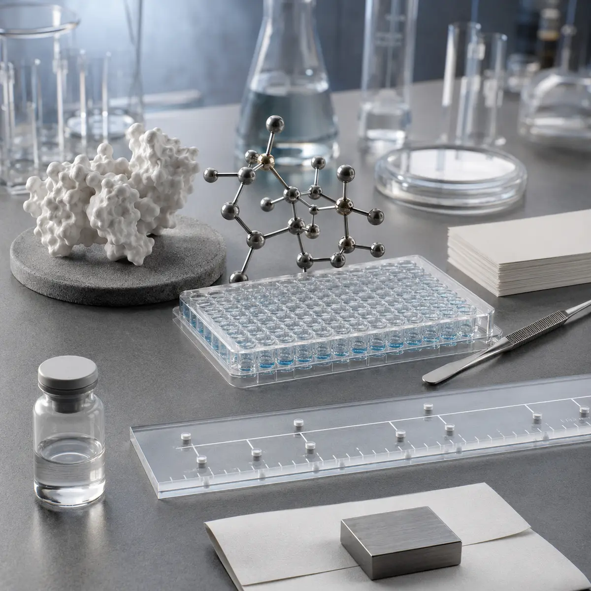 AI Target Identification Workflow London A pharmaceutical data scientist in London's Knowledge Quarter analysing AI-guided target identification outputs on multiple computational screens alongside molecular biology data