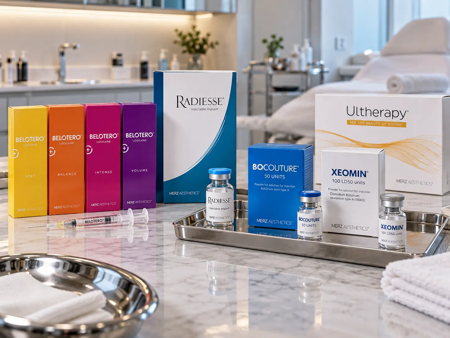 The Merz Aesthetics range in the UK: Belotero and Radiesse dermal fillers, Bocouture and Xeomin botulinum toxin injectables and the Ultherapy device