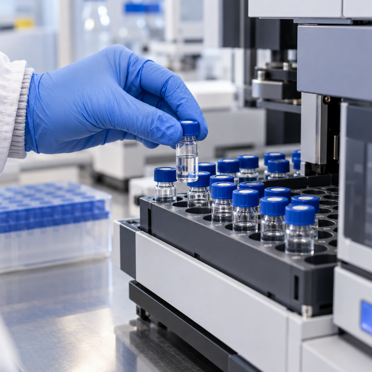 Cell-Free DNA Bulk Substance Vials Vials of cell-free DNA manufacturing output at a GMP facility, illustrating the bulk active substance produced under MHRA licence for clinical trials